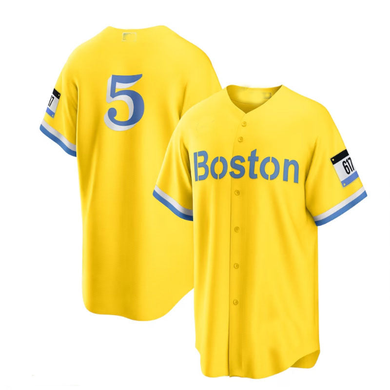Custom #5 Light Blue City Connect BOS Baseball Shirt Top