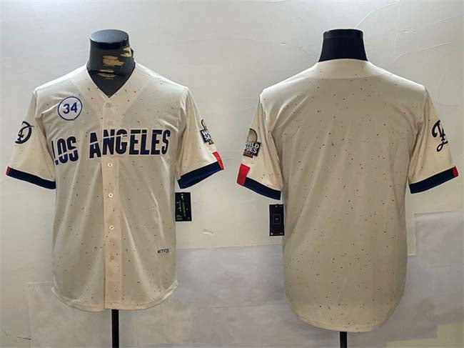 Custom #34 Cream 2024 LAD Baseball Shirt Top