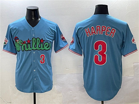 Custom #3 Light Blue PHI Baseball Shirt Top