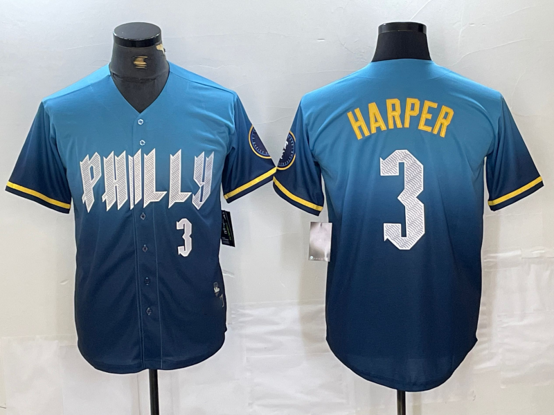 Custom #3 Blue 2024 City Connect PHI Baseball Shirt Top