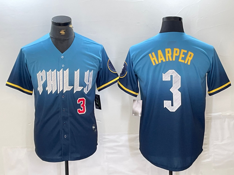 Custom #3 Blue 2024 City Connect PHI Baseball Shirt Top
