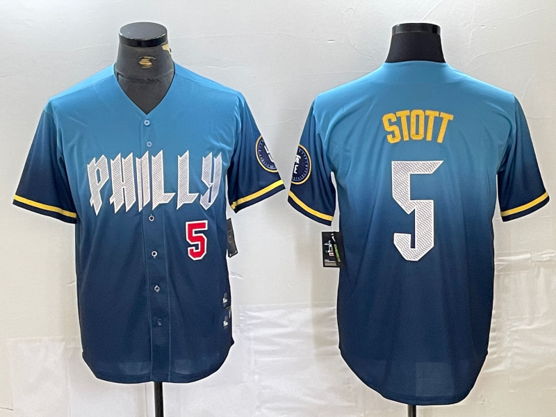 Custom #5 Blue 2024 PHI Baseball Shirt Top