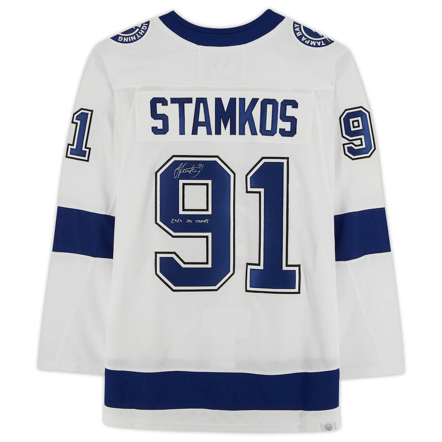 Custom #91 White 2020 Stanley Cup TBL Hockey Shirt Top